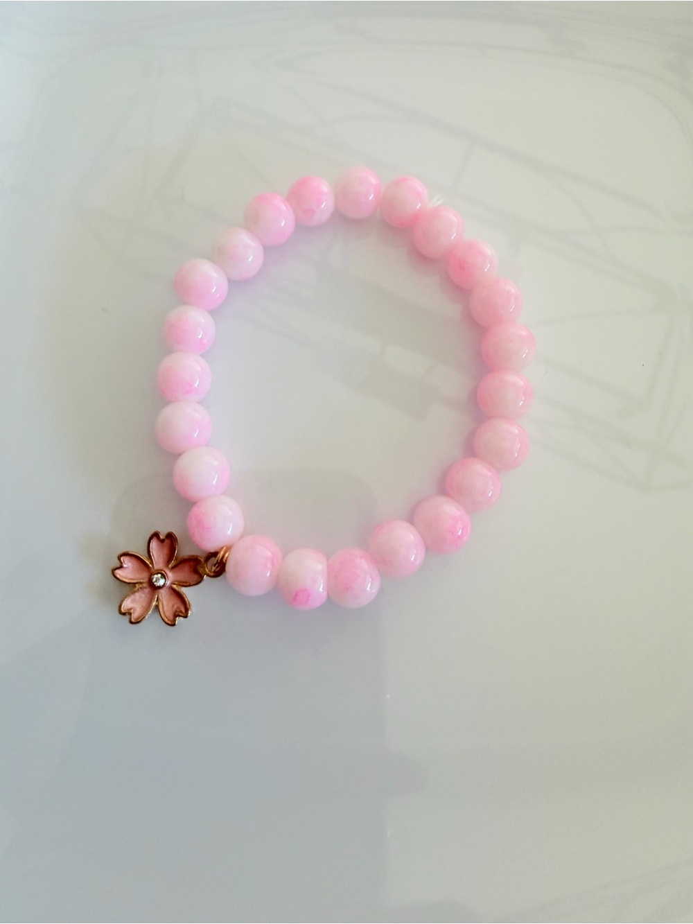 Pink Beaded Stretch Bracelet with Gold Cherry Blossom Charm - Picture 2 of 2